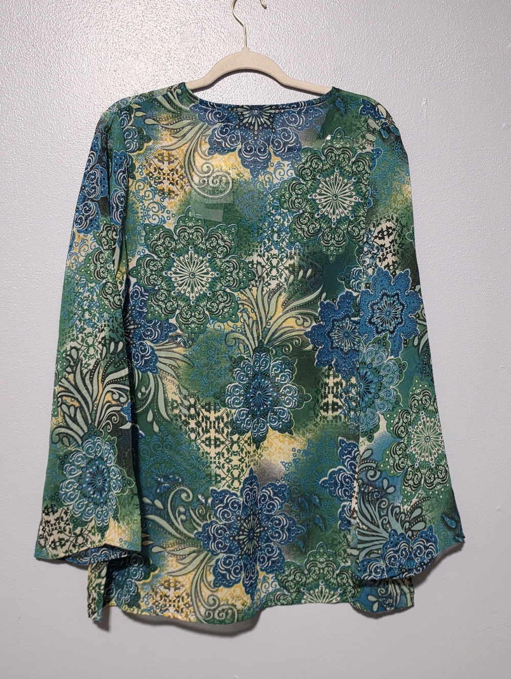 RAVIYA Tunic Blouse Womens Large Green Blue Beaded Boho Forest Fairy Bell Sleeve - Picture 9 of 14